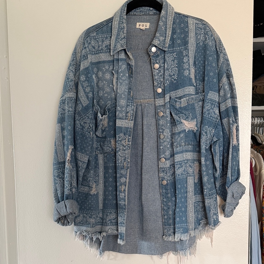 POL Bandana Patchwork Denim Jacket in Blue
